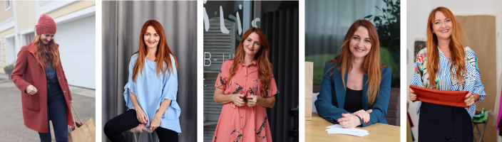 Karina in fünf unterschiedlichen Farben und Outfits